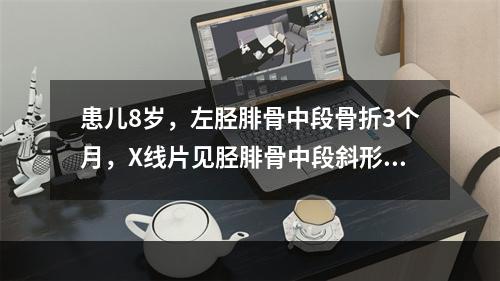 患儿8岁，左胫腓骨中段骨折3个月，X线片见胫腓骨中段斜形骨折