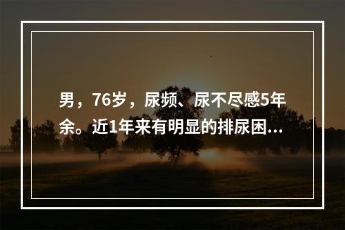 男，76岁，尿频、尿不尽感5年余。近1年来有明显的排尿困难，