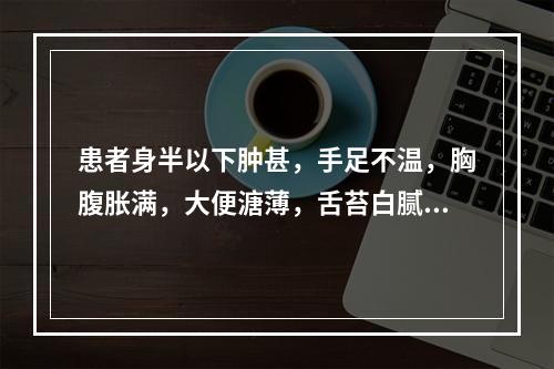 患者身半以下肿甚，手足不温，胸腹胀满，大便溏薄，舌苔白腻，脉