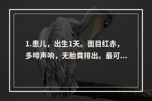 1.患儿，出生1天。面目红赤，多啼声响，无胎粪排出。最可能的