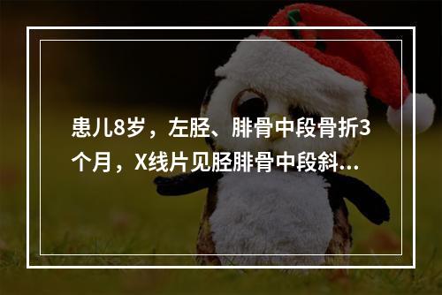 患儿8岁，左胫、腓骨中段骨折3个月，X线片见胫腓骨中段斜骨折