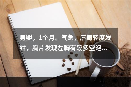 男婴，1个月。气急，唇周轻度发绀，胸片发现左胸有较多空泡状病