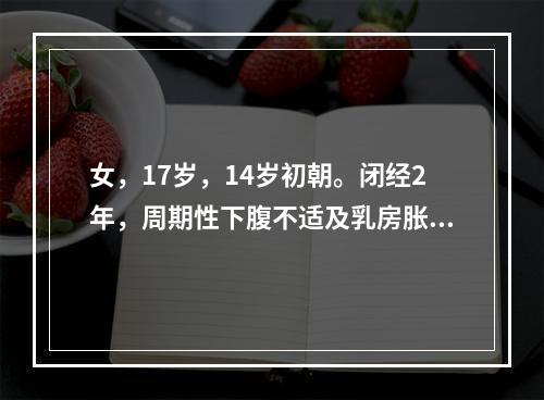 女，17岁，14岁初朝。闭经2年，周期性下腹不适及乳房胀，有