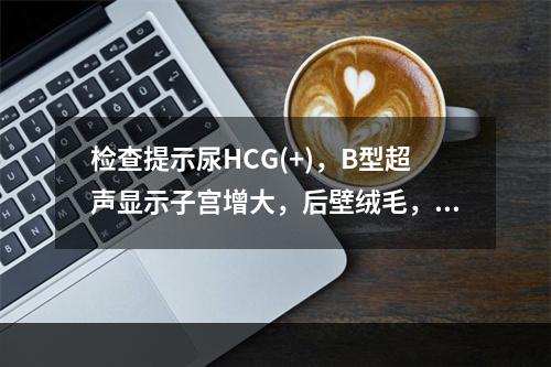 检查提示尿HCG(+)，B型超声显示子宫增大，后壁绒毛，顶臀