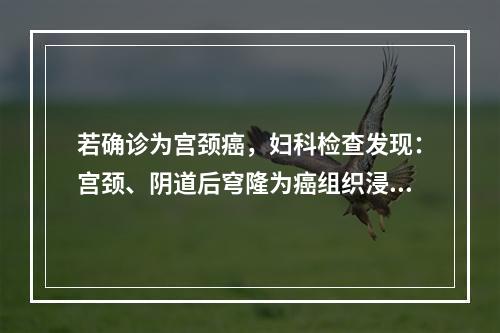 若确诊为宫颈癌，妇科检查发现：宫颈、阴道后穹隆为癌组织浸润，