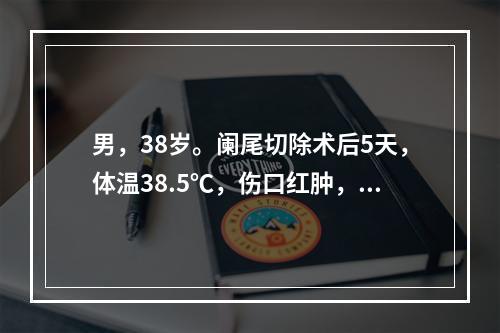 男，38岁。阑尾切除术后5天，体温38.5℃，伤口红肿，有波