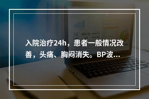 入院治疗24h，患者一般情况改善，头痛、胸闷消失。BP波动于