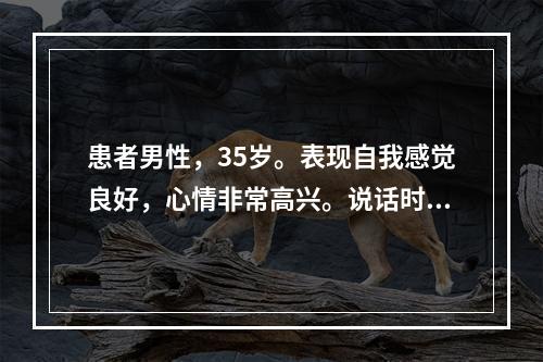 患者男性，35岁。表现自我感觉良好，心情非常高兴。说话时语