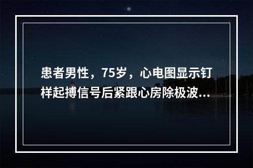 患者男性，75岁，心电图显示钉样起搏信号后紧跟心房除极波，并