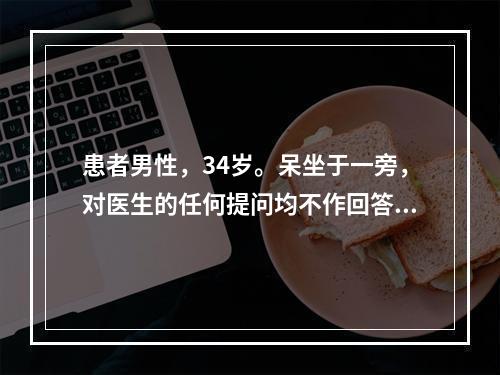 患者男性，34岁。呆坐于一旁，对医生的任何提问均不作回答，