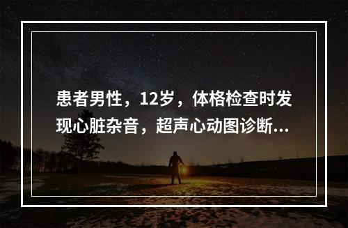 患者男性，12岁，体格检查时发现心脏杂音，超声心动图诊断为