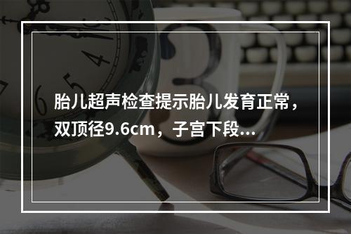 胎儿超声检查提示胎儿发育正常，双顶径9.6cm，子宫下段厚度