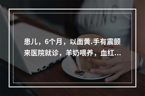 患儿，6个月，以面黄.手有震颤来医院就诊，羊奶喂养，血红蛋白