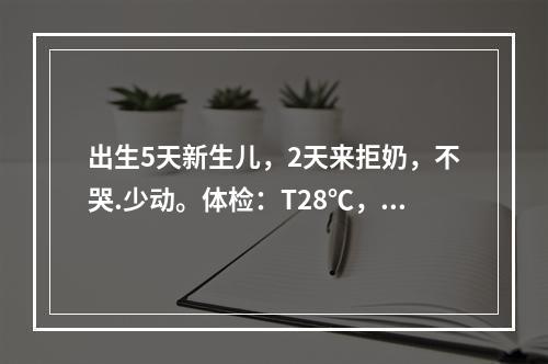 出生5天新生儿，2天来拒奶，不哭.少动。体检：T28℃，面颊