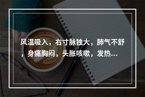 风温吸入，右寸脉独大，肺气不舒，身痛胸闷，头胀咳嗽，发热口渴