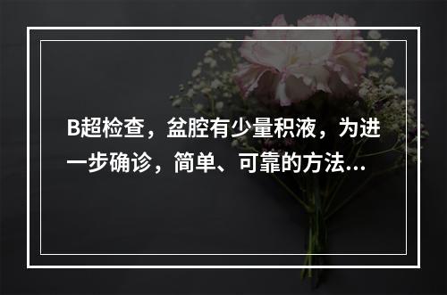 B超检查，盆腔有少量积液，为进一步确诊，简单、可靠的方法是