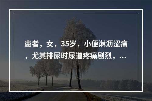 患者，女，35岁，小便淋沥涩痛，尤其排尿时尿道疼痛剧烈，舌淡