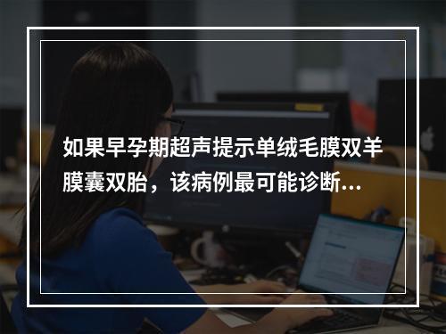 如果早孕期超声提示单绒毛膜双羊膜囊双胎，该病例最可能诊断为