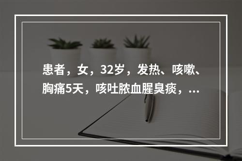 患者，女，32岁，发热、咳嗽、胸痛5天，咳吐脓血腥臭痰，舌红