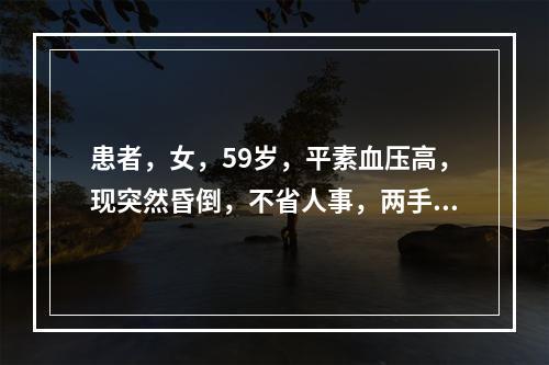 患者，女，59岁，平素血压高，现突然昏倒，不省人事，两手握固