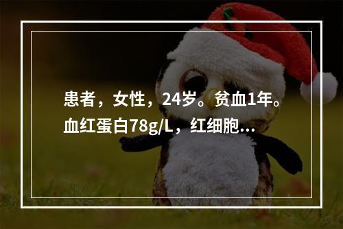 患者，女性，24岁。贫血1年。血红蛋白78g/L，红细胞3×