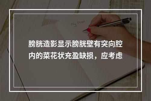 膀胱造影显示膀胱壁有突向腔内的菜花状充盈缺损，应考虑