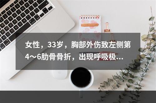 女性，33岁，胸部外伤致左侧第4～6肋骨骨折，出现呼吸极度困