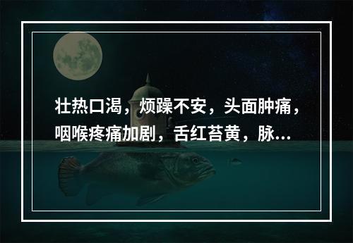 壮热口渴，烦躁不安，头面肿痛，咽喉疼痛加剧，舌红苔黄，脉数实