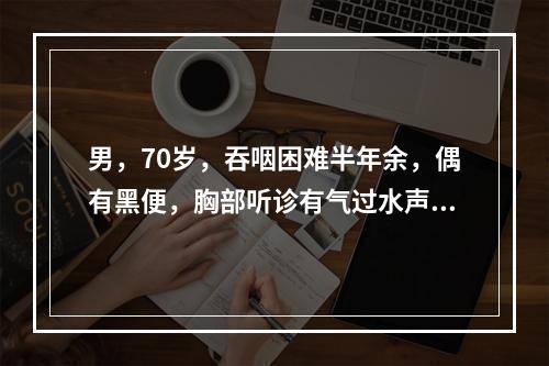 男，70岁，吞咽困难半年余，偶有黑便，胸部听诊有气过水声。最