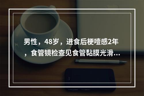 男性，48岁，进食后梗噎感2年，食管镜检查见食管黏膜光滑，最