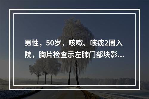 男性，50岁，咳嗽、咳痰2周入院，胸片检查示左肺门部块影伴纵