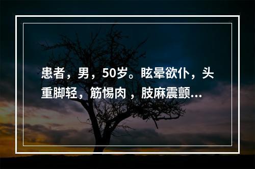 患者，男，50岁。眩晕欲仆，头重脚轻，筋惕肉 ，肢麻震颤，腰