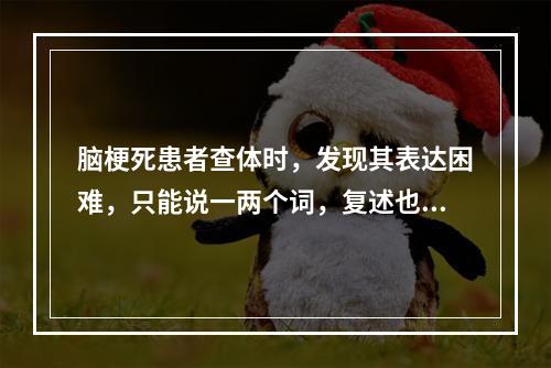 脑梗死患者查体时，发现其表达困难，只能说一两个词，复述也困