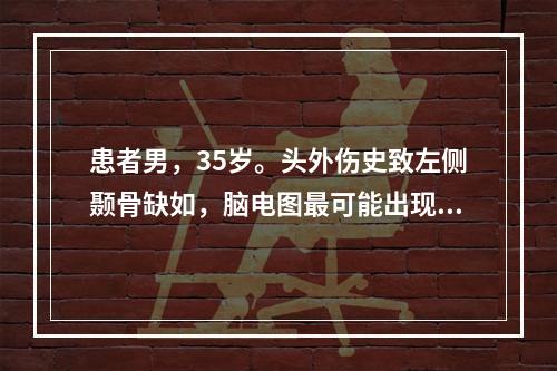 患者男，35岁。头外伤史致左侧颞骨缺如，脑电图最可能出现的