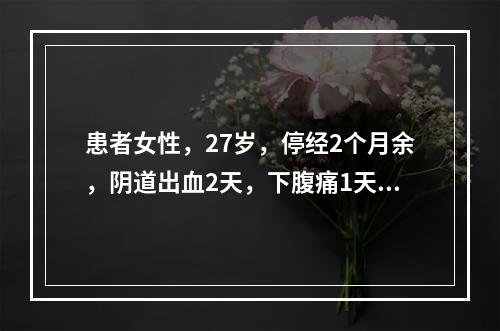 患者女性，27岁，停经2个月余，阴道出血2天，下腹痛1天，来