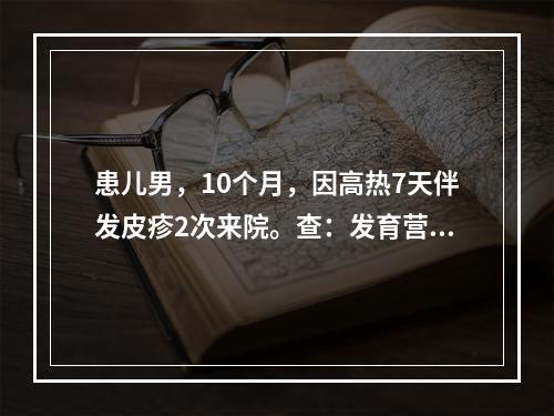 患儿男，10个月，因高热7天伴发皮疹2次来院。查：发育营养好