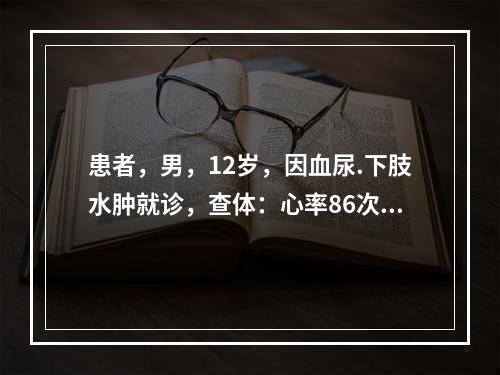 患者，男，12岁，因血尿.下肢水肿就诊，查体：心率86次／分