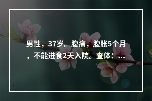 男性，37岁。腹痛，腹胀5个月，不能进食2天入院。查体：上腹