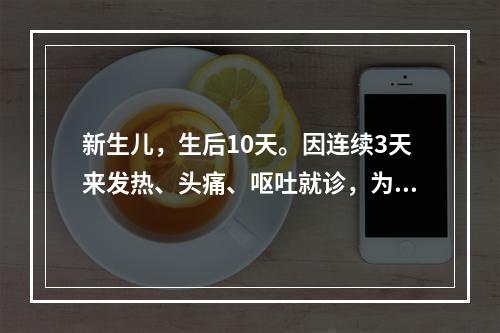 新生儿，生后10天。因连续3天来发热、头痛、呕吐就诊，为明确