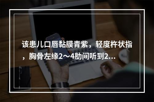 该患儿口唇黏膜青紫，轻度杵状指，胸骨左缘2～4肋间听到2～3