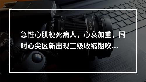 急性心肌梗死病人，心衰加重，同时心尖区新出现三级收缩期吹风样