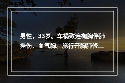 男性，33岁。车祸致连枷胸伴肺挫伤、血气胸。施行开胸肺修补及