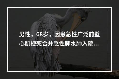 男性，68岁，因患急性广泛前壁心肌梗死合并急性肺水肿入院，下