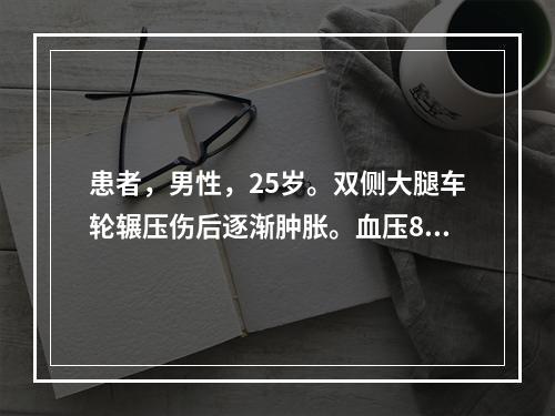 患者，男性，25岁。双侧大腿车轮辗压伤后逐渐肿胀。血压80/