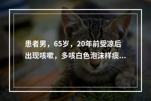 患者男，65岁，20年前受凉后出现咳嗽，多咳白色泡沫样痰。此