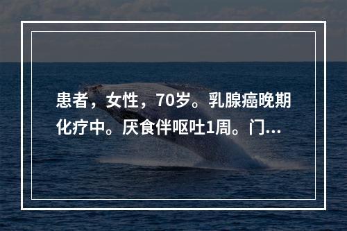 患者，女性，70岁。乳腺癌晚期化疗中。厌食伴呕吐1周。门诊查