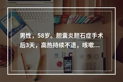 男性，58岁。胆囊炎胆石症手术后3天，高热持续不退，咳嗽黄脓