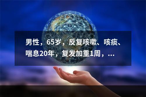 男性，65岁，反复咳嗽、咳痰、喘息20年，复发加重1周，口唇