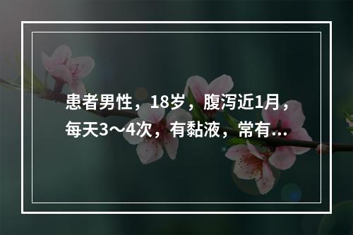 患者男性，18岁，腹泻近1月，每天3～4次，有黏液，常有里急