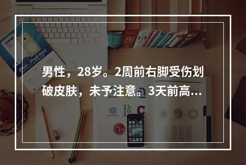 男性，28岁。2周前右脚受伤划破皮肤，未予注意。3天前高热、